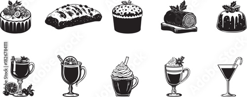 A collection of various desserts and beverages, including cakes, pastries, and cocktails, arranged in a grid format.