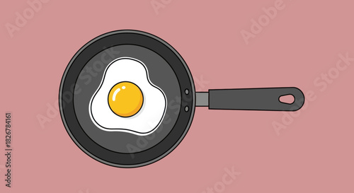 Simple cartoon illustration of a fried egg cooking in a pan.