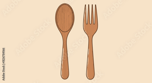 Simple wooden spoon and fork illustration on a light background
