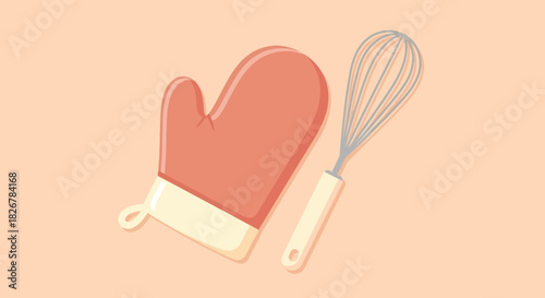 Oven mitt and whisk illustration for baking and cooking concepts