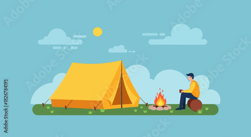 A man enjoys a peaceful camping trip by the campfire with a tent.