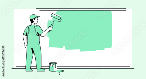 Painter working on home renovation project with paint roller.
