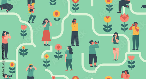 People Taking Photos in a Bright Floral Garden Illustration