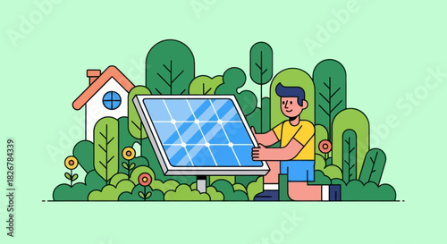 Man installing solar panel for green energy at home.