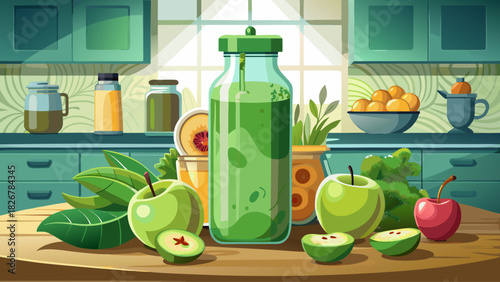 A clean product mockup of a green juice bottle placed beside chopped cucumbers and leafy greens on a marble counter, modern kitchen aesthetic, ideal for health blogs and beverage branding