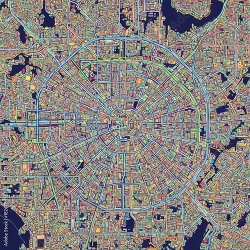 An artistic aerial view showcases a vibrant, colorful city plan with a central circular design, highlighting urban infrastructure.