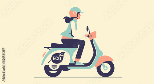 A young woman in a helmet rides an eco-friendly electric scooter.