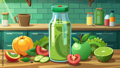 A photorealistic green smoothie bottle standing on a clean, bright kitchen counter, surrounded by fresh spinach, apples, and kiwi, perfect for healthy lifestyle and product advertising