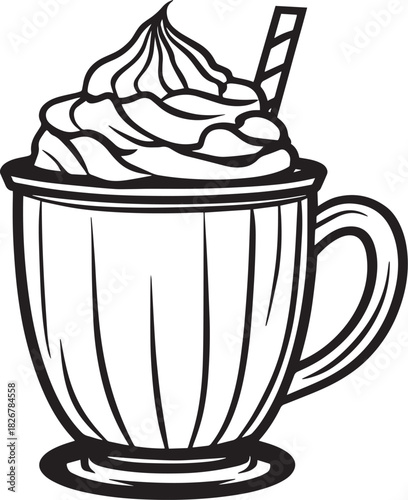 A black and white illustration of a hot chocolate cup with whipped cream and a straw.