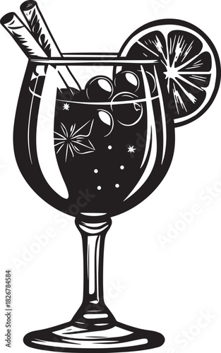 A black and white illustration of a wine glass filled with a dark liquid, garnished with a slice of orange and a few berries, set against a white background.