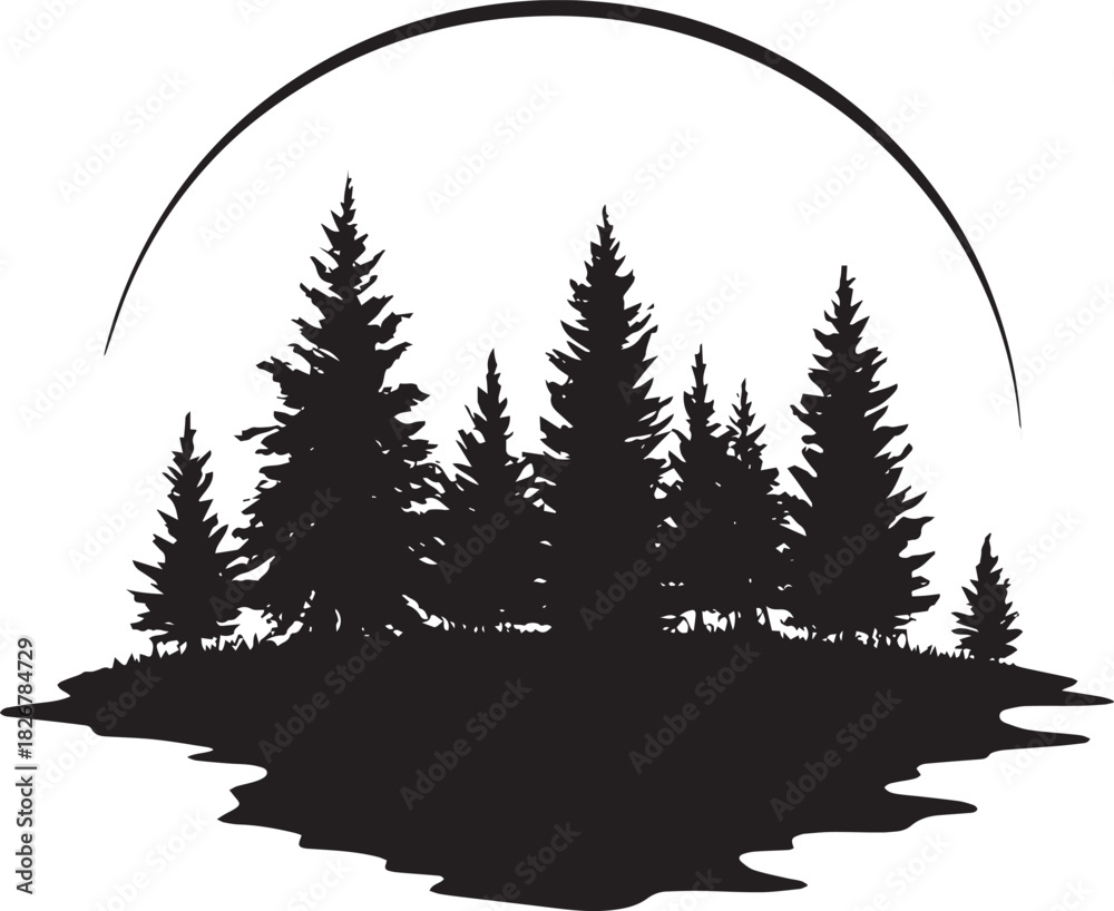 Obraz premium A minimalist black and white illustration of a forest with a crescent moon in the background.