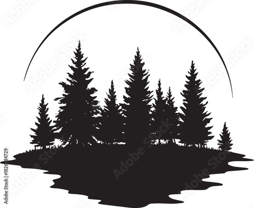 A minimalist black and white illustration of a forest with a crescent moon in the background.