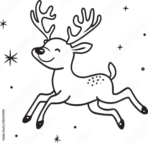 A cute, cartoonish reindeer with a big smile, running through a starry night sky.