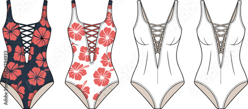 One-piece swimsuit with deep V-neck and hibiscus floral print – color and line art variations