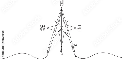 Architectural and navigational concept with compass rose and drawing tools over a wavy line, representing direction, design, and journey Vector