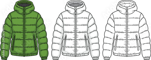 Puffer jacket illustration in three stages – full color, partial color, and technical sketch