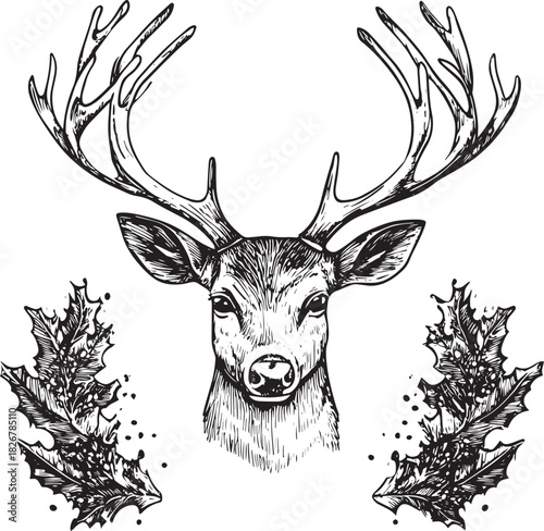 A deer with antlers and holly leaves in a festive setting.