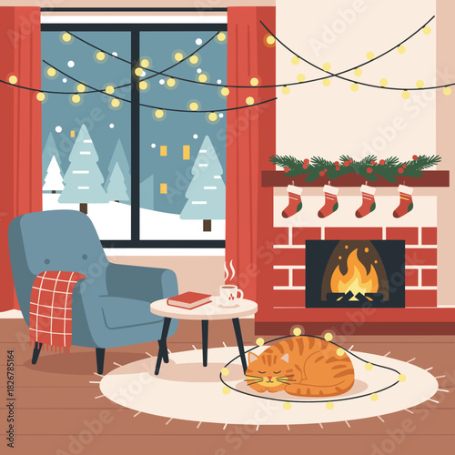 Cute orange cat sleeping peacefully under christmas lights in cozy holiday mood on rug near fireplace and winter window background