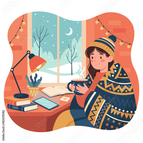 Young female student in cozy relaxed mood holding steaming cup wrapped in blanket at study desk against winter night window background