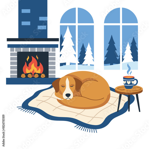 Cute dog sleeping peacefully on rug in cozy mood near burning fireplace with hot drink on table against winter forest window background