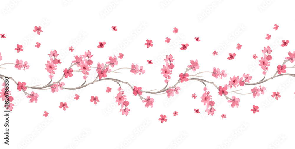 Fototapeta premium Seamless border of blooming sakura. Watercolor handmade illustration. For fabric, wallpaper, greeting cards, design, decoration and illustration.