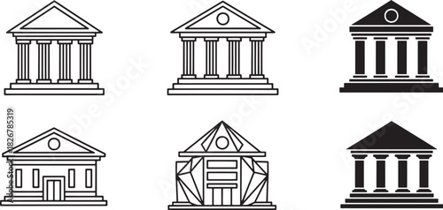 Collection of diverse architectural icons, featuring classical temples, financial and government buildings, shown in line art and solid styles. Vector