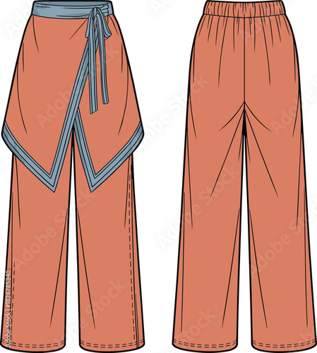 Rust-orange pants with blue-gray apron overlay – front and back fashion flat