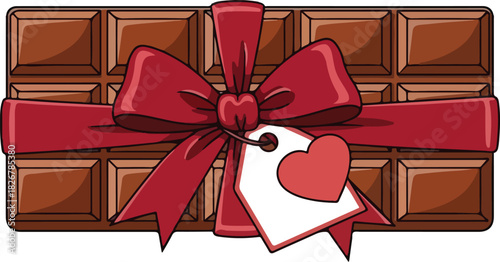 Cartoon Chocolate Bar Wrapped with Red Ribbon Bow and Heart Gift Tag Vector Illustration