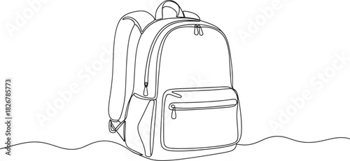 Continuous line drawing of a simple backpack with multiple compartments and shoulder straps, representing travel, education, and student life Vector