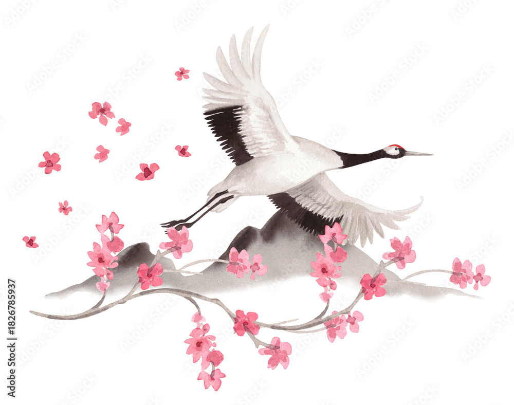 Obraz premium Flyind japanese red crown crane with the mountains and sakura flowers on background. Watercolor handmade illustration. For fabric, wallpaper, greeting cards, design, decoration and illustration.