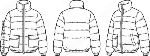 Puffer jacket technical illustration – front, back, and side views