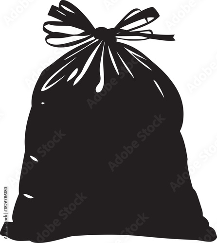 A black and white silhouette of a trash bag with a ribbon tied in a bow.
