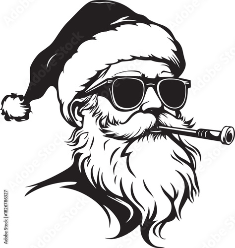 A black and white illustration of Santa Claus with a beard and mustache, wearing a Santa hat and sunglasses, holding a horn in his mouth.