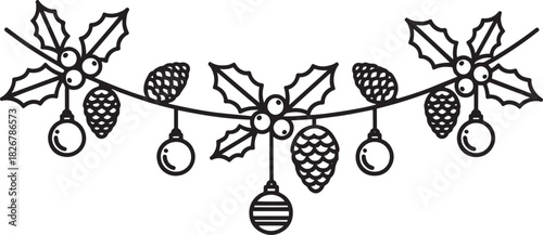 A Christmas wreath with holly leaves and berries hanging from a string.