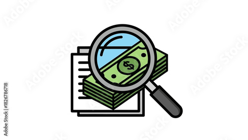 Illustration of a magnifying glass over a stack of money and documents on a white background with a simple graphic style.