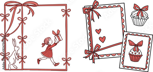 Set of hand drawn doode coquette rectangle vertical red ribbon frames with cute tied bow. Christmas, New Year, Valentines day greeting cards, bachelorette, wedding, birthday party whimsical design