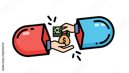 Cartoon illustration of two hands exchanging money on a white background with a simple and colorful style.