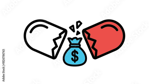 Flat illustration of a broken heart with a money bag between two pieces on a white background.