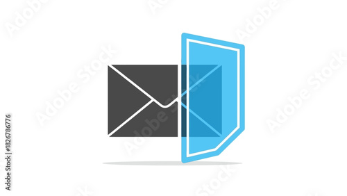 Graphic illustration of an open digital envelope emerging from a traditional black envelope on a clean white background with a simple composition.