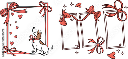 Set of hand drawn doode coquette rectangle vertical red ribbon frames with cute tied bow. Christmas, New Year, Valentines day greeting cards, bachelorette, wedding, birthday party whimsical design