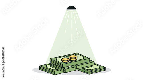 Illustration of a stack of green bills with gold coins on top being highlighted by a spotlight on a white background.