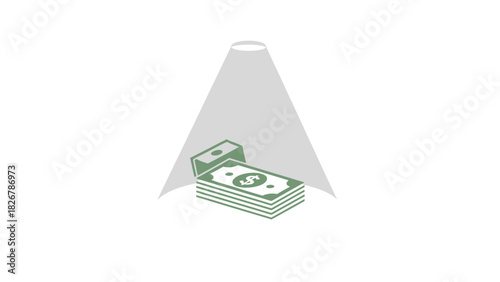 Stack of green banknotes under a spotlight on a white background with a minimalist composition.
