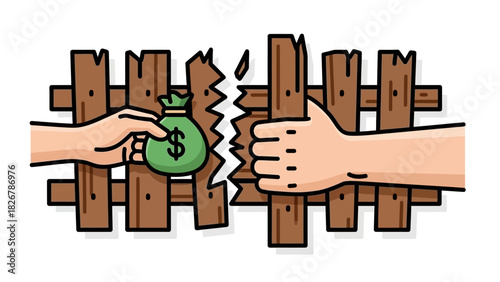 Cartoon illustration of two hands on either side of a broken wooden fence with one hand holding a green money bag.