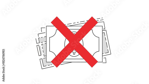 A simple line drawing of various tickets with a large red X marked through them on a plain white background.