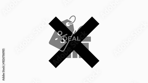A minimalist composition of a black 'X' mark overlaid on a gray tag with a metal ring against a clean white background.