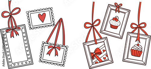 Set of hand drawn doode coquette rectangle vertical red ribbon frames with cute tied bow. Christmas, New Year, Valentines day greeting cards, bachelorette, wedding, birthday party whimsical design