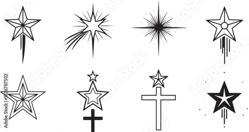 A set of nine star symbols, each with a different style and color, against a white background.