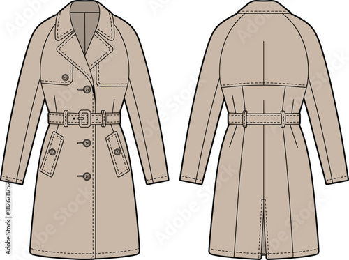 Trench coat illustration, front view, back view, double-breasted design, fashion sketch, garment construction, coat template, outerwear vector, belted waist, notched 