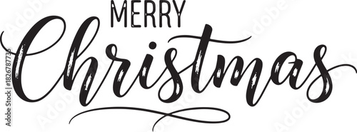 A black and white Christmas card with the words 'Merry Christmas' written in cursive.