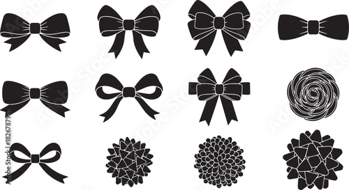 A set of black and white illustrations of bows and ribbons, including various shapes and sizes.